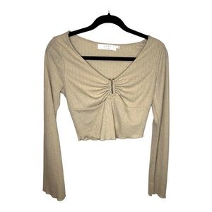 ASTR The Label Tan Long Bell Sleeve Ruched Crop Top
